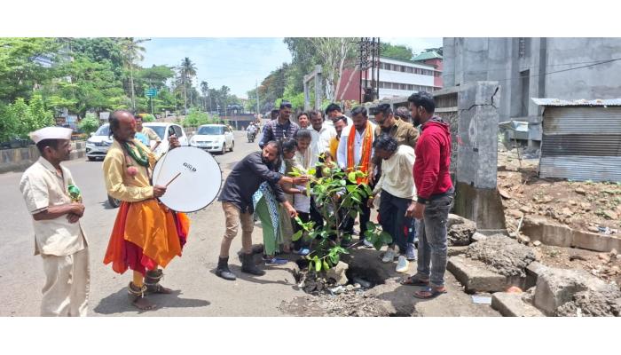 भाजपच्या पदाधिकार्‍यांचे रस्त्यावरील खड्ड्यात झाडे लावून आंदोलन